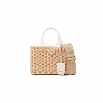 PRADA MEDIUM WICKER AND CANVAS TOTE BAG 1BG835 (26*18*11.5cm)